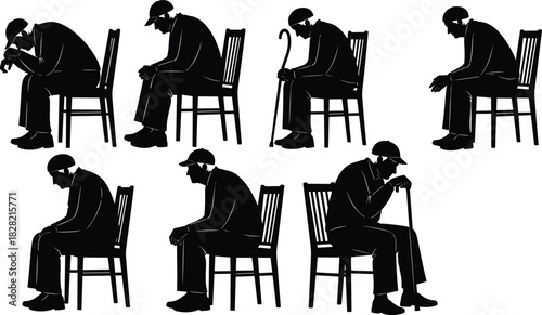 Multiple Silhouette Figures of Depressed Senior Man Sitting on Chair: Expressing Loneliness, Worry, Elder Care Issues, and Mental Health Struggles,