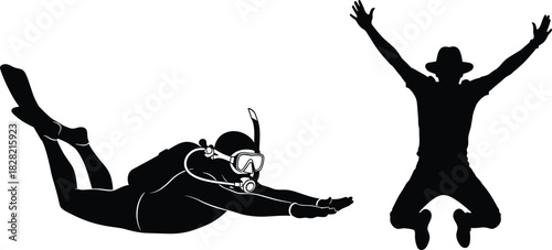 Scuba Diver and Man Jumping Silhouettes Vector Illustration, Travel, Adventure, Summer Vacation, Free Diver, Happiness Concept Graphic, Excitement, Leisure Activity.