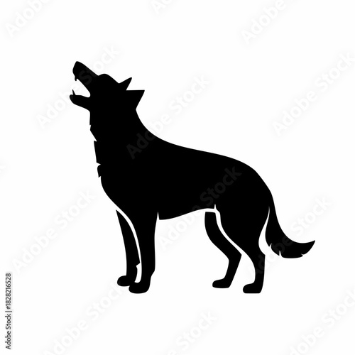 Dramatic black wolf silhouette howling against a stark white background design illustration