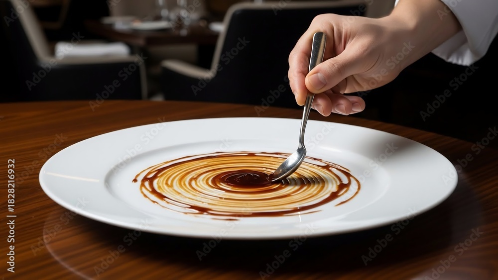 Obraz premium Chef decorating a plate with an elegant sauce swirl for fine dining.