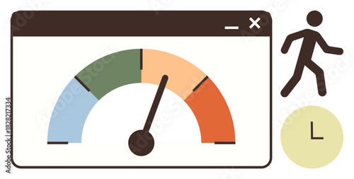 Speed gauge in webpage window, person walking, clock. Ideal for productivity, progress tracking, performance, time efficiency, planning deadlines teamwork. Simple flat metaphor