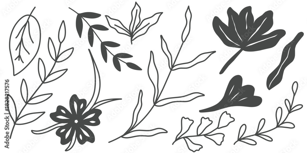 Fototapeta premium Hand-Drawn Botanical Floral Line Art Leaves and Decorative Elements