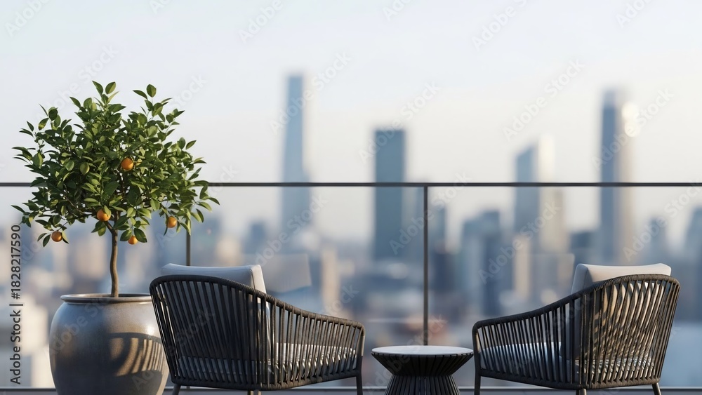 Obraz premium Modern rooftop terrace with a city skyline view and potted orange tree