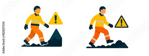 worker exposed to stormy weather conditions, caution symbol