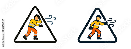 Strong Wind Warning Signage with Person Bracing