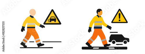 Pedestrian and Road Safety Warning Signs with Workers in High-Visibility Gear