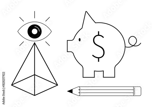 Eye over pyramid symbolizing foresight, piggy bank with dollar sign for financial planning, and pencil for creativity. Ideal for vision, strategy, finance, design, education, innovation