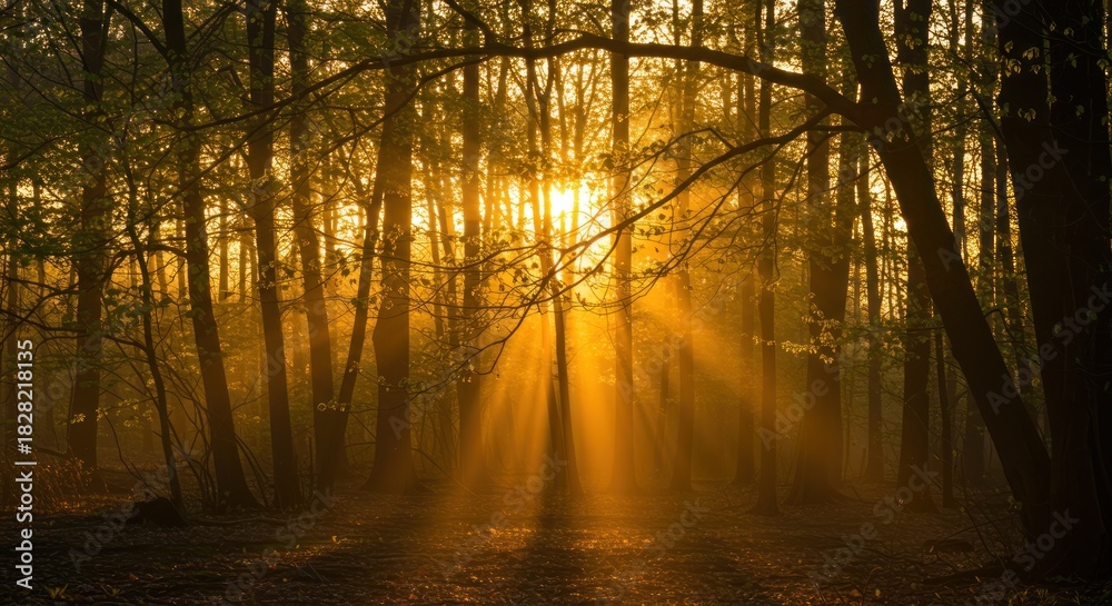 Fototapeta premium Golden Sunlight Filtering Through a Dense Forest Canopy.