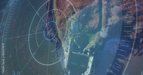 HUD overlay initiating rotating sweep, scanning coastal headland and pier for surveillance mapping