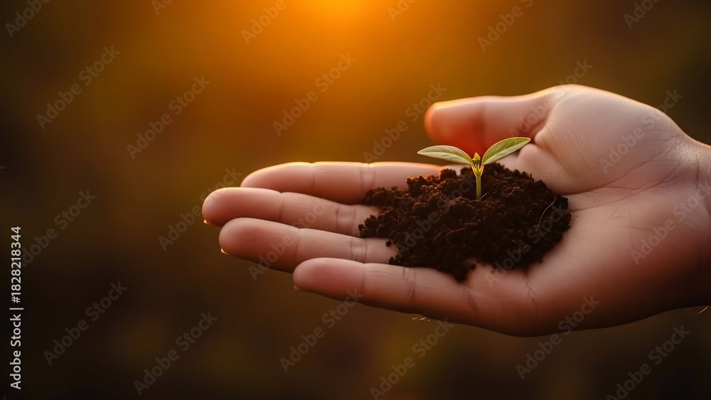 Fototapeta premium Nurturing new life: A tiny seedling held carefully in a hand with a golden sunset background.