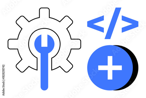 Software development. Gear with wrench and code symbol software tools and coding. Software development process for programming, application development, and tech solutions. Broad usage programming