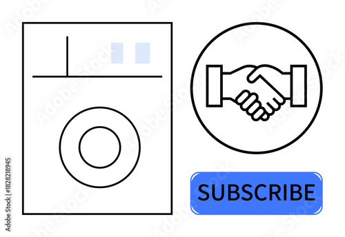 Subscription service concept. a washing machine, handshake icon, and subscribe button. Subscription services promote convenience and ongoing access. For business models, technology, e-commerce