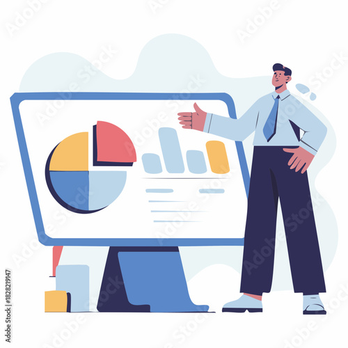 A businessman presenting data analysis and financial reports on a large computer screen with charts and graphs.