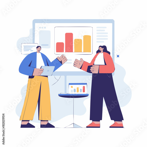 Two business professionals analyzing data and charts during a meeting or presentation in an office setting.