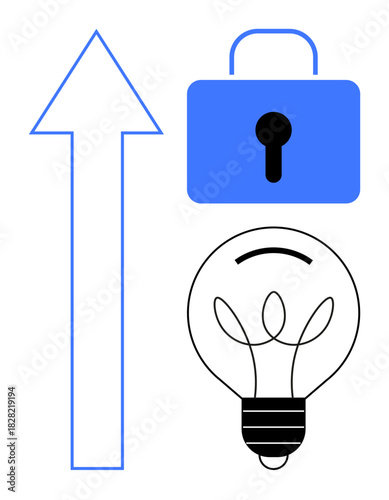 Blue upward arrow, padlock, and lightbulb representing progress, security, and innovation. Ideal for business growth, ideas, technology security strategy innovation success and trust. A simple