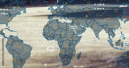 Translucent world map fading in, HUD icons pulsing while tracking red bag across to mark regions