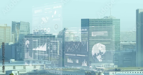 On startup holo panels sliding right, line charts rising and gauges pulsing, showing city metrics