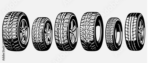 Black rubber wheel tire set icon illustration.