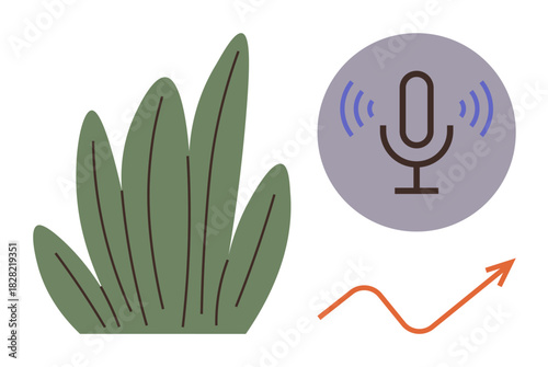 Tall grass, a microphone emitting audio waves, and a dynamic rising arrow. Ideal for growth, communication, analytics, trends, podcasting creativity and connection. A simple flat metaphor