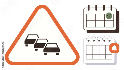 Road congestion sign in triangular frame with two calendar icons including a green checkmark and bell alert. Ideal for traffic management, scheduling, time optimization, commuting, transportation