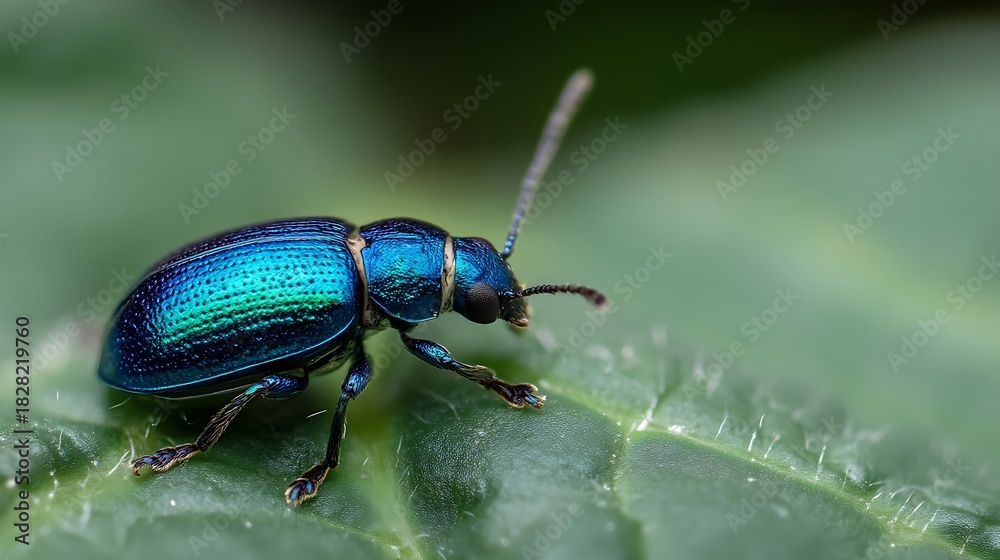 Fototapeta premium Close Up Blue Metallic Beetle on Green Leaf Nature Scene