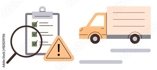 Clipboard with checklist, magnifying glass, warning sign, and delivery truck represent logistics review, quality control, problem detection, and shipping. Ideal for transportation, auditing