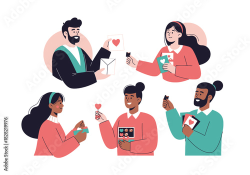 Sharing Chocolate and Valentine's Day Greeting Cards: Illustration of Enthusiastic Group of People 