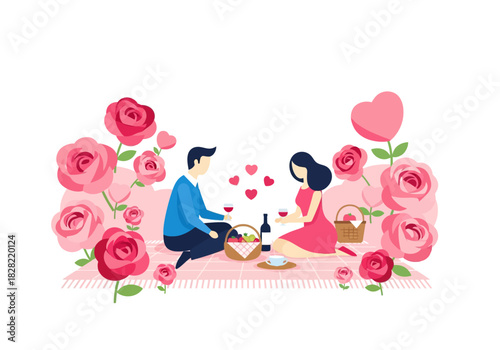 Romantic Valentine's Day Picnic Surrounded by Pink Roses and Heart Decorations