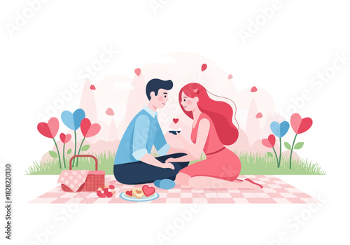 Beautiful Moment of Couple Exchanging Heart Cakes Amidst a Valentine Flower Scenery 