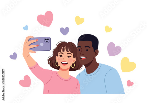 Illustration of Happy Multiethnic Sweethearts Taking a Selfie Photo with Heart Decoration