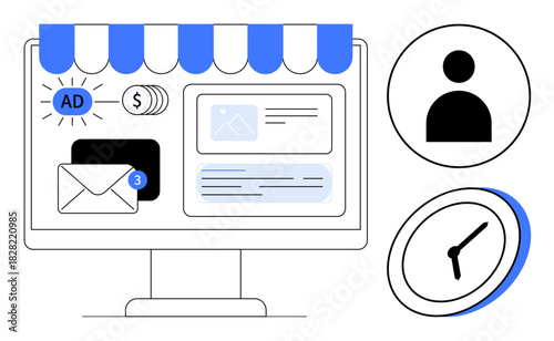 Computer screen displaying ads, email alert, and updates, next to user icon and clock. Ideal for marketing, business analytics, planning, e-commerce, advertising communication time management