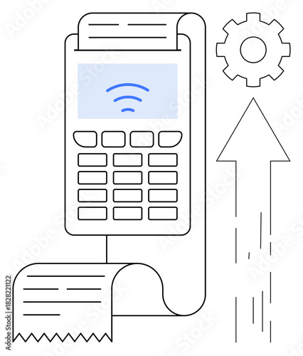 Payment terminal with receipt, wireless icon, arrow, and gear representing technology, financial growth, innovation, digital transactions, efficiency, modern retail and fintech in a simple flat