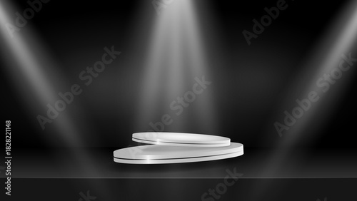 Luxury Product Display Stage Mockup.Realistic 3D Black Studio Scene with Spotlights and Podium Platform.
