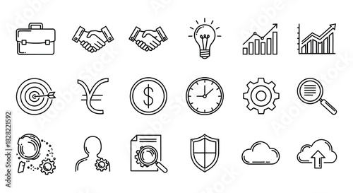 A versatile collection of thin line icons representing business workflows, corporate tasks, office operations, business tools, company services, work processes