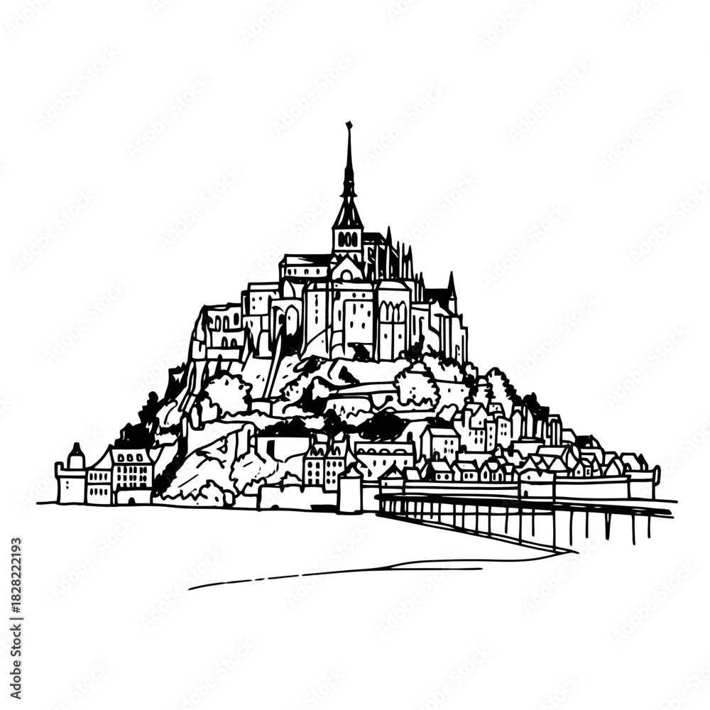 Fototapeta premium Mont Saint-Michel Illustration: A Detailed Black and White Drawing.