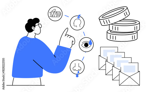 Person gesturing toward interconnected icons for communication, senses, and coins while mail envelopes stack nearby. Ideal for marketing, resource allocation, decision-making, analytics