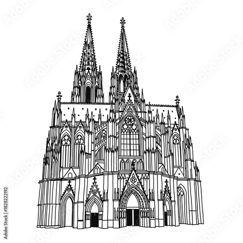 Detailed Line Art of Cologne Cathedral Architecture.