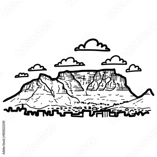 Table Mountain Sketch: A Detailed Black and White Illustration.