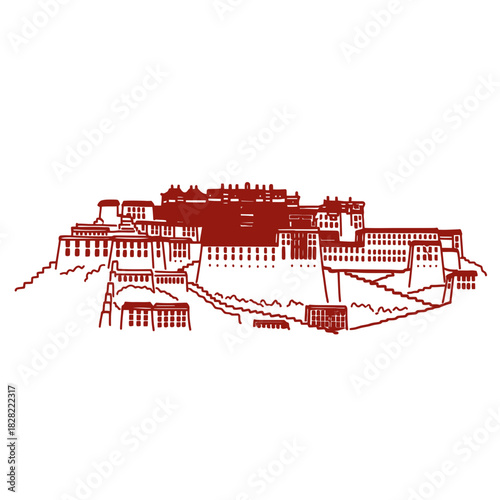 Red Line Drawing of Potala Palace in Lhasa Tibet.
