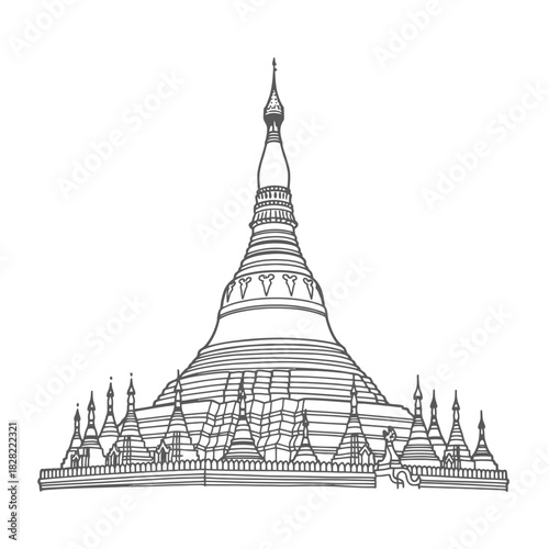 Detailed Line Art of a Burmese Pagoda Structure.