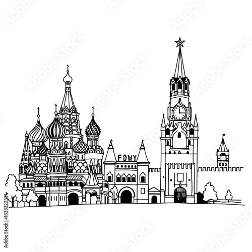 Detailed line art illustration of the Moscow Kremlin and St Basils Cathedral.