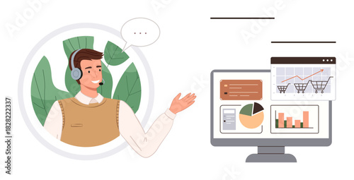 Support agent wearing a headset gestures toward analytics charts on a computer screen with sales and performance data. Ideal for customer service, e-commerce, analytics, consultation
