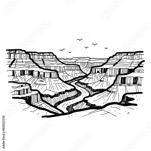 Grand Canyon Landscape Illustration with Birds in Flight.