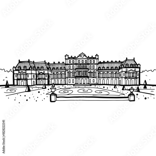Detailed Line Art of a Grand European Palace.
