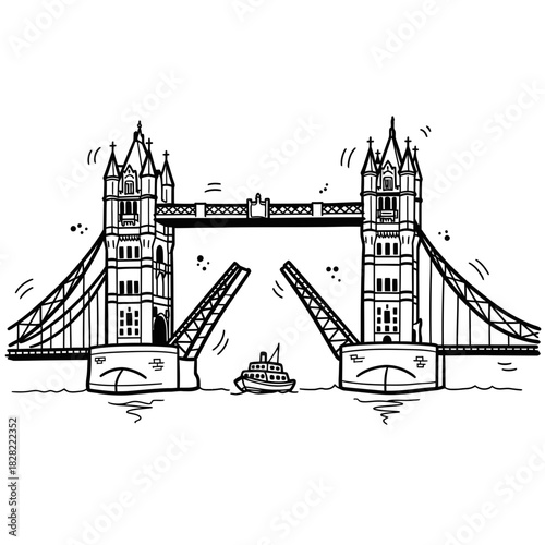 Cartoon Tower Bridge Illustration with Open Bascules and Boat.