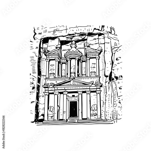 The Treasury of Petra: A Detailed Line Art Illustration.