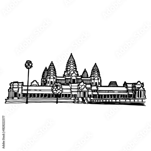 Angkor Wat Temple Illustration: A Detailed Architectural Drawing.