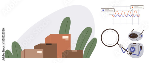 Stack of packages surrounded by plants, robotic units inspecting with magnifying glass, data graphs. Ideal for logistics, automation, robotics, AI, supply chain analysis efficiency. A simple flat