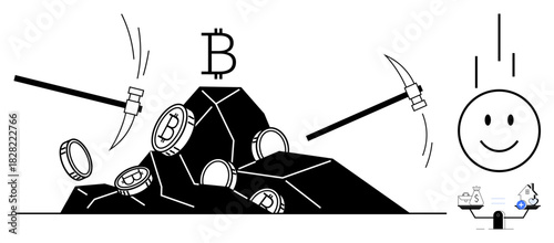 Bitcoin mining. blockchain technology with pickaxes extracting Bitcoin coins. Visualizing cryptocurrency profit and digital transactions. For fintech, finance education, investment tips, blockchain