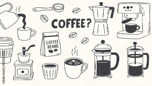 Hand-Drawn Coffee Tools and Drinks Illustration in Vintage Line Art Style